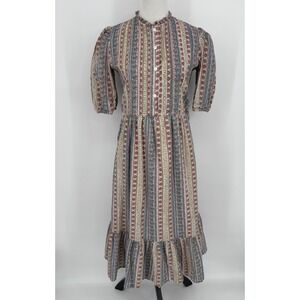 Beau & Ro Midi Dress XS Multicolor Boho Cottagecore Coastal Grandma Hand Printed